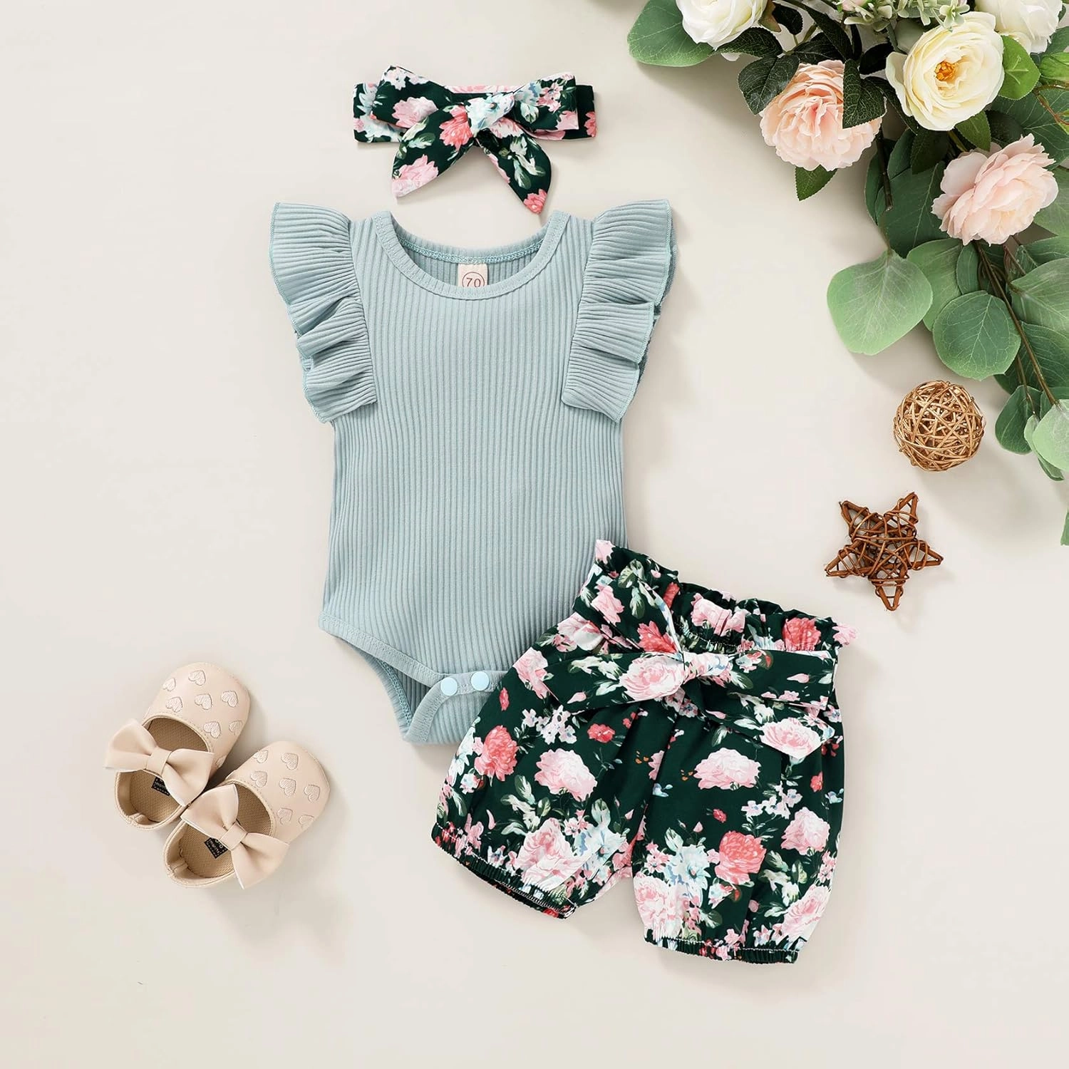 Tiny Cutey Baby Girl Clothes Infant Summer Outfits Set Ruffle Sleeve Romper and Floral Shorts with Headband
