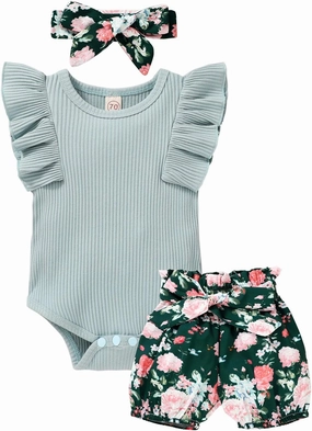 Tiny Cutey Baby Girl Clothes Infant Summer Outfits Set Ruffle Sleeve Romper and Floral Shorts with Headband