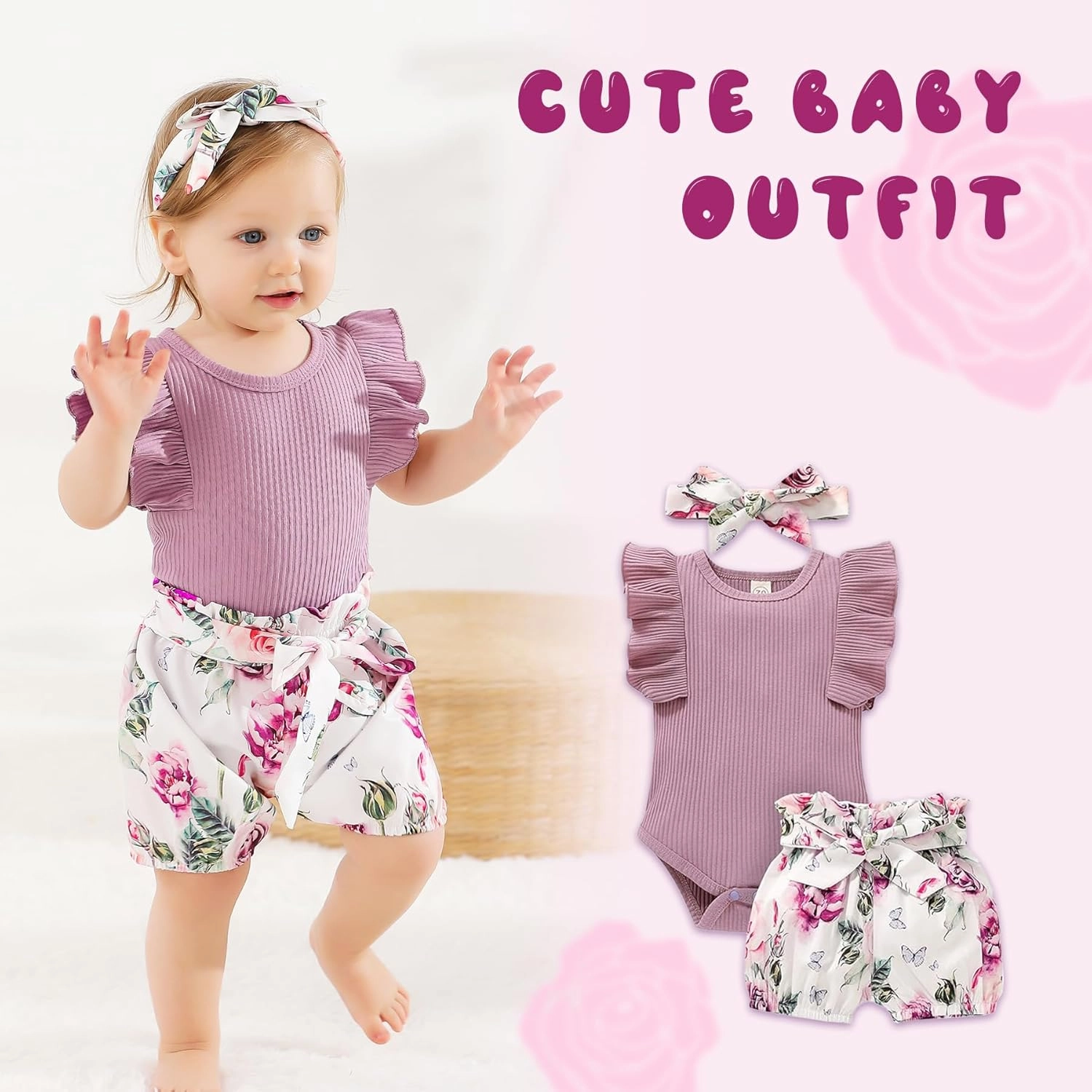 Tiny Cutey Baby Girl Clothes Infant Summer Outfits Set Ruffle Sleeve Romper and Floral Shorts with Headband