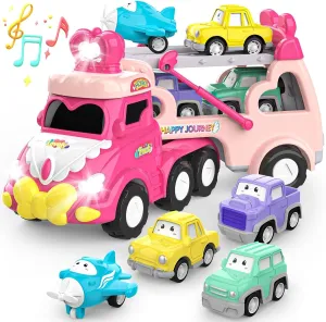 Toddler Car Toys for 1 2 3 4 Year Old Girl Birthday Gift, 5 in 1 Pink Princess Transport Carrier Trucks for Girls Age 1-2 3-4 with Lights & Music,Toddler Girl Toys for 1 2 3 4 Year Old Birthday Gift