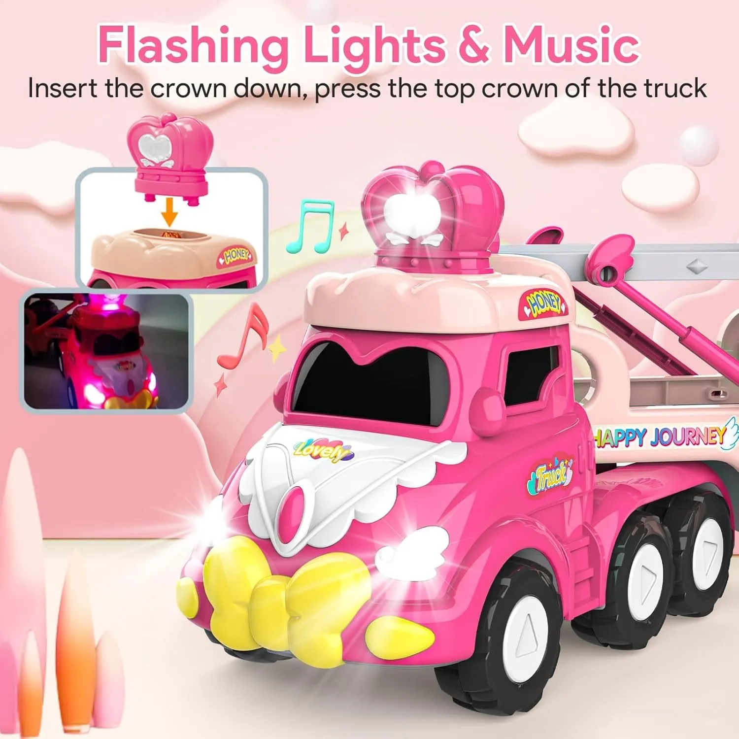 Toddler Car Toys for 1 2 3 4 Year Old Girl Birthday Gift, 5 in 1 Pink Princess Transport Carrier Trucks for Girls Age 1-2 3-4 with Lights & Music,Toddler Girl Toys for 1 2 3 4 Year Old Birthday Gift