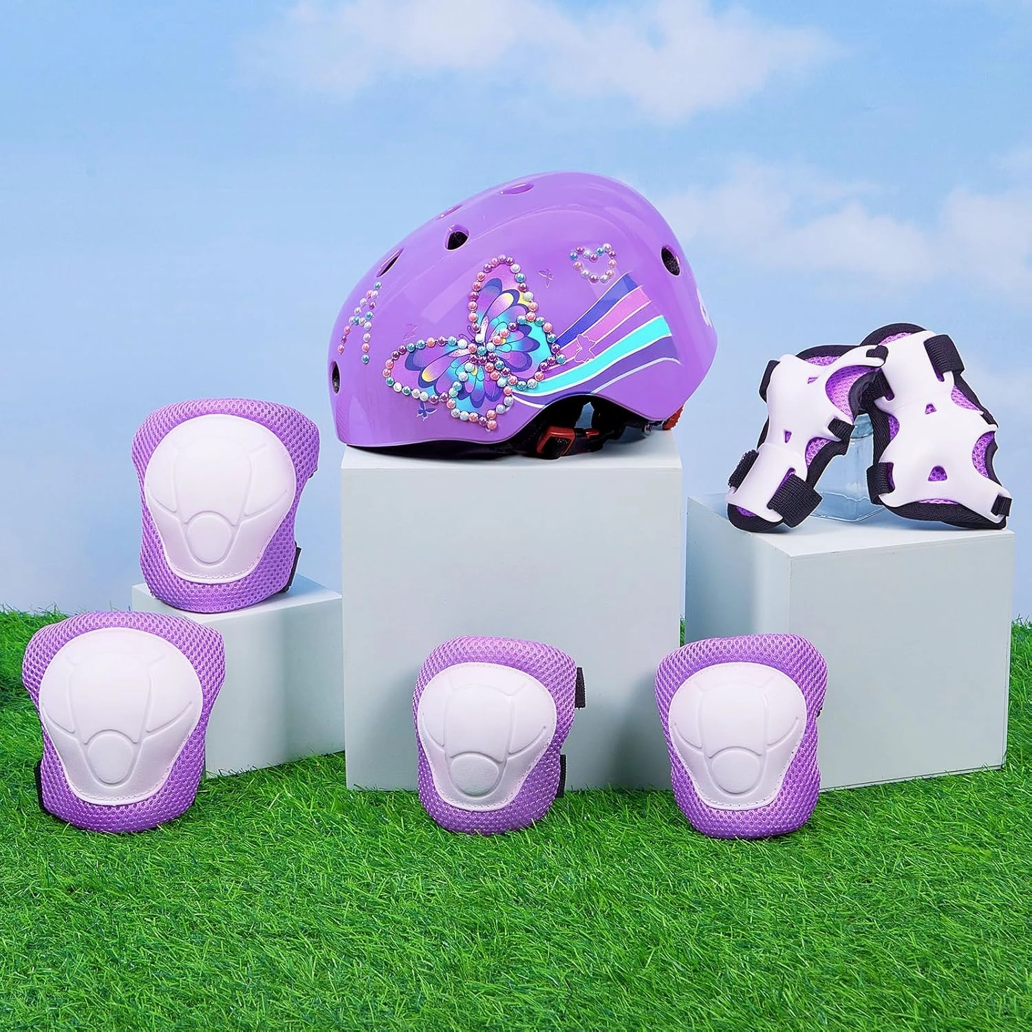 Toddler Bike Helmet Kids Helmet Knee Pads and Elbow Pads Set Adjustable Protective Gear Set with DIY Stickers for Girls Age 3-5-8 Years
