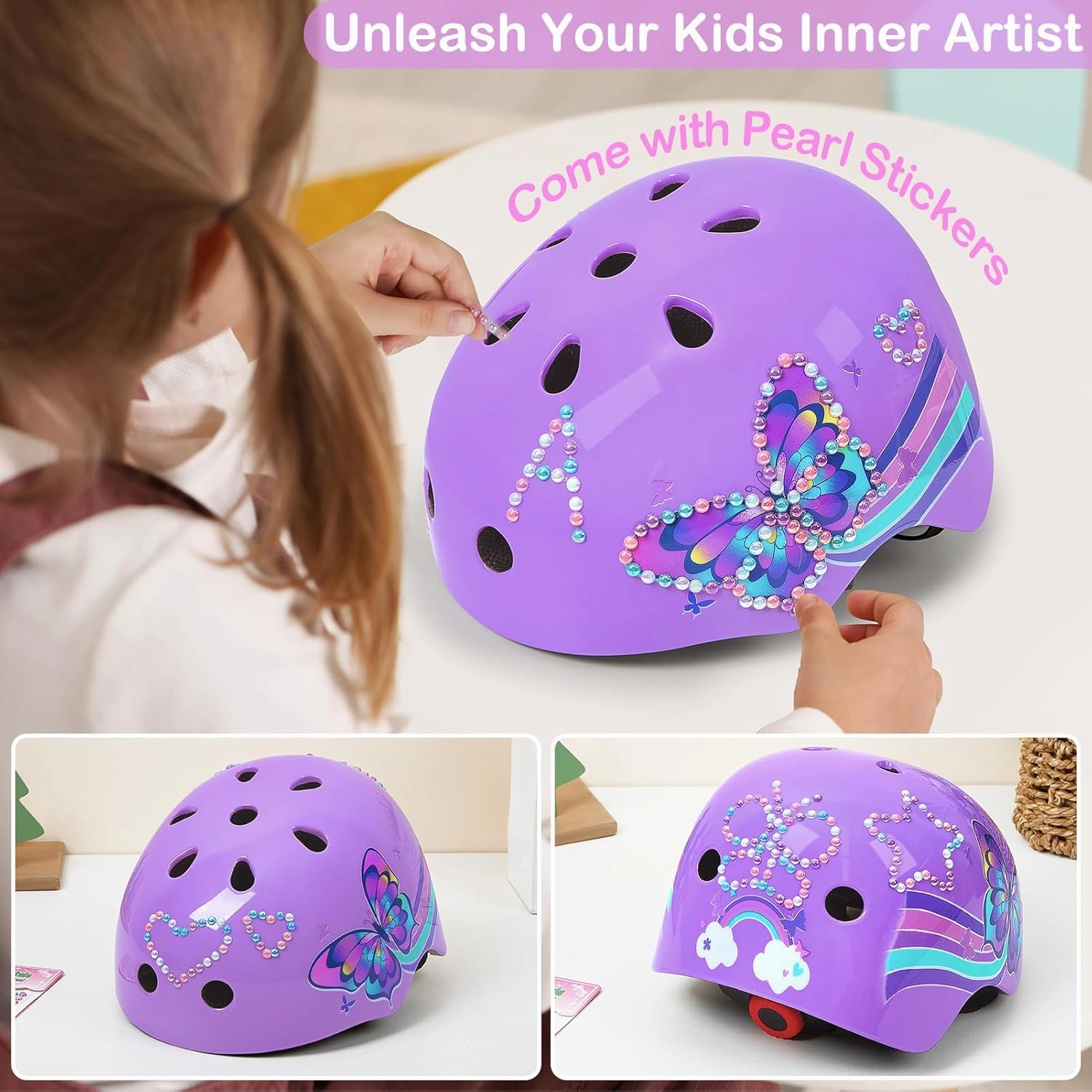 Toddler Bike Helmet Kids Helmet Knee Pads and Elbow Pads Set Adjustable Protective Gear Set with DIY Stickers for Girls Age 3-5-8 Years