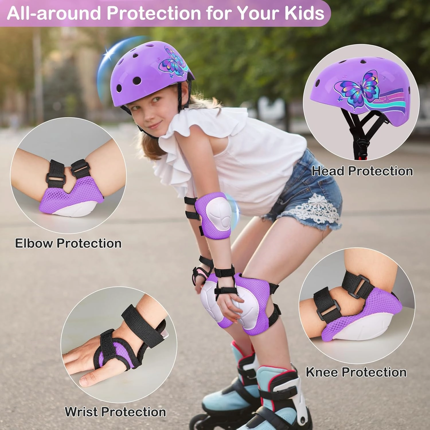 Toddler Bike Helmet Kids Helmet Knee Pads and Elbow Pads Set Adjustable Protective Gear Set with DIY Stickers for Girls Age 3-5-8 Years