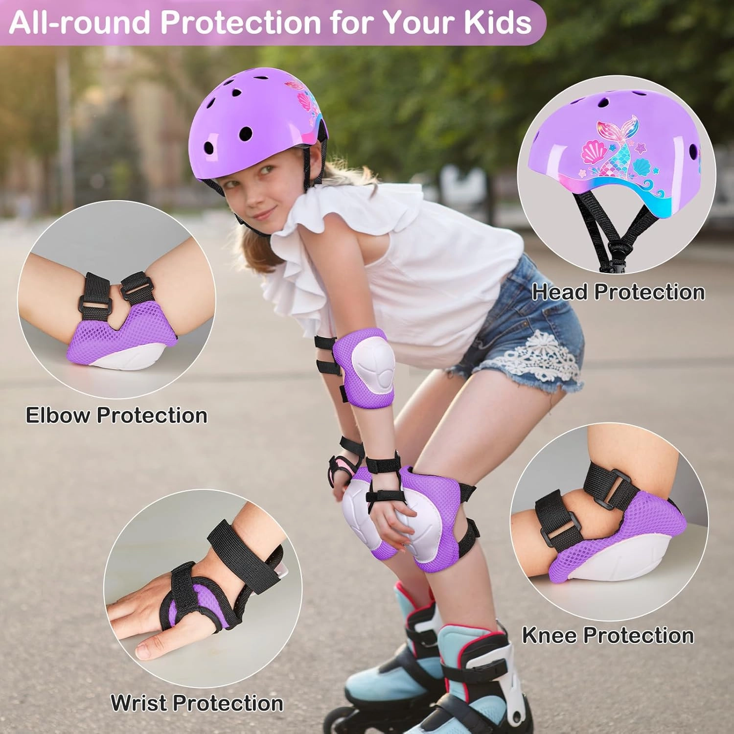 Toddler Bike Helmet Kids Helmet Knee Pads and Elbow Pads Set Adjustable Protective Gear Set with DIY Stickers for Girls Age 3-5-8 Years