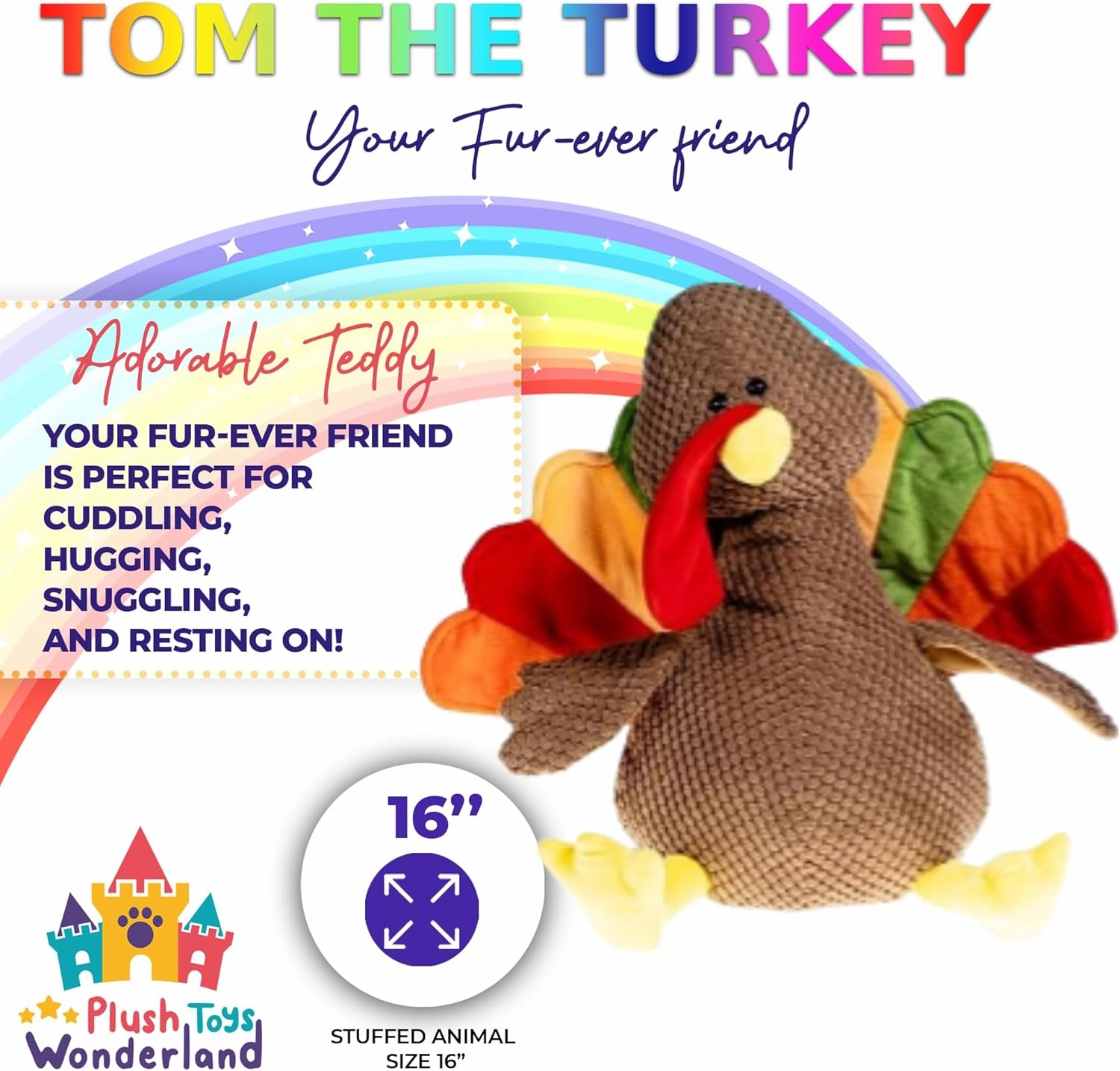 Tom The Turkey Plush Toy, 16-Inch Cute Soft Plush Turkey, Perfect Plushie for Ideal, Thanksgiving, Baby Showers, Kids & Birthdays