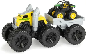 TOMY Monster Treads John Deere Roaring Rev Up Hauler Monster Truck Toy Set - Includes Monster Truck, Trailer, and John Deere Gator - Construction Toys with Hauling Action - 3 Count