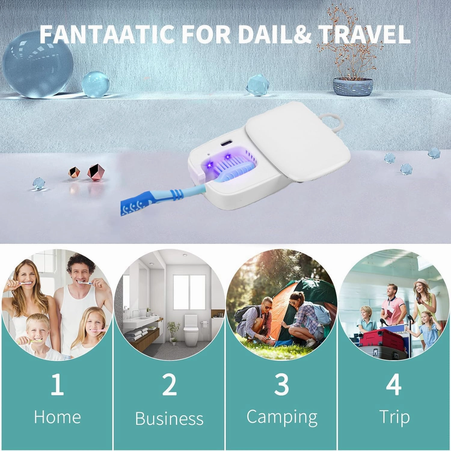 Toothbrush Covers, Portable Toothbrush Holder with Cleaning Light, Rechargeable Travel Toothbrush Box Case with Holder for Household and Travelling or Business Trips （White）
