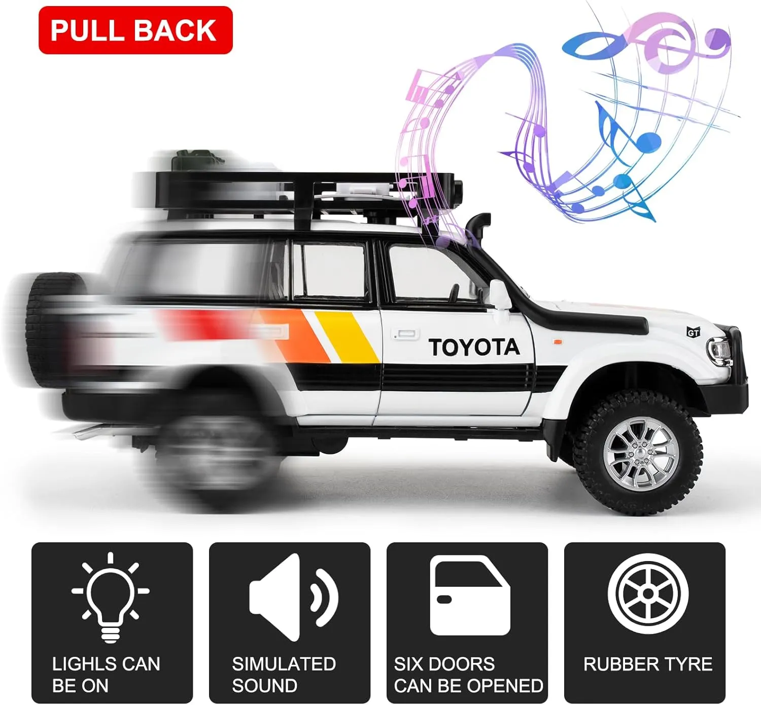 Toy Car Compatible for 1:24 Land Cruiser LC80 Model Car, Pull Back Diecast Collectible Car with Sounds＆Lights for Kids Boys Girls and Adults, Gift White