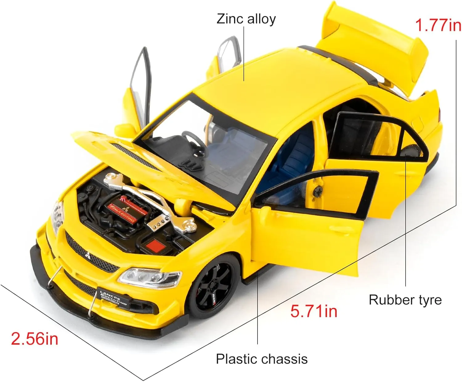 Toy Cars Compatible for 1:32 Mitsubishi Lancer Evolution Model Cars, Pull Back Die-cast Collectible Vehicles with Sounds ＆ Lights for Kids Boys Girls and Adults, Gift Yellow