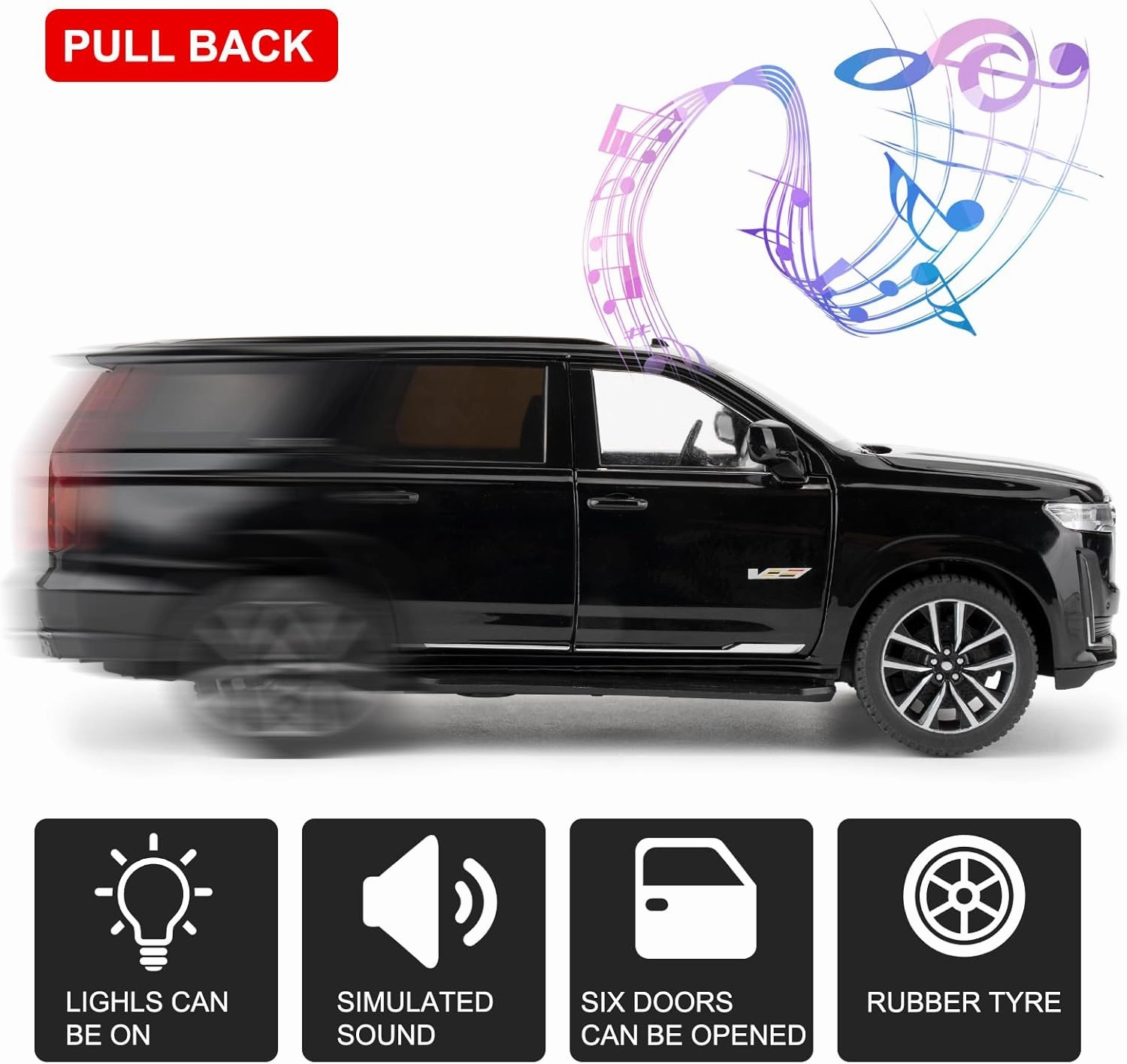 Toy Car Compatible for 1:24 Escalade SUV Model Car, Alloy Pull Back Diecast Collectible Car with Sounds＆Lights for Kids Boys Girls and Adults, Gift Black