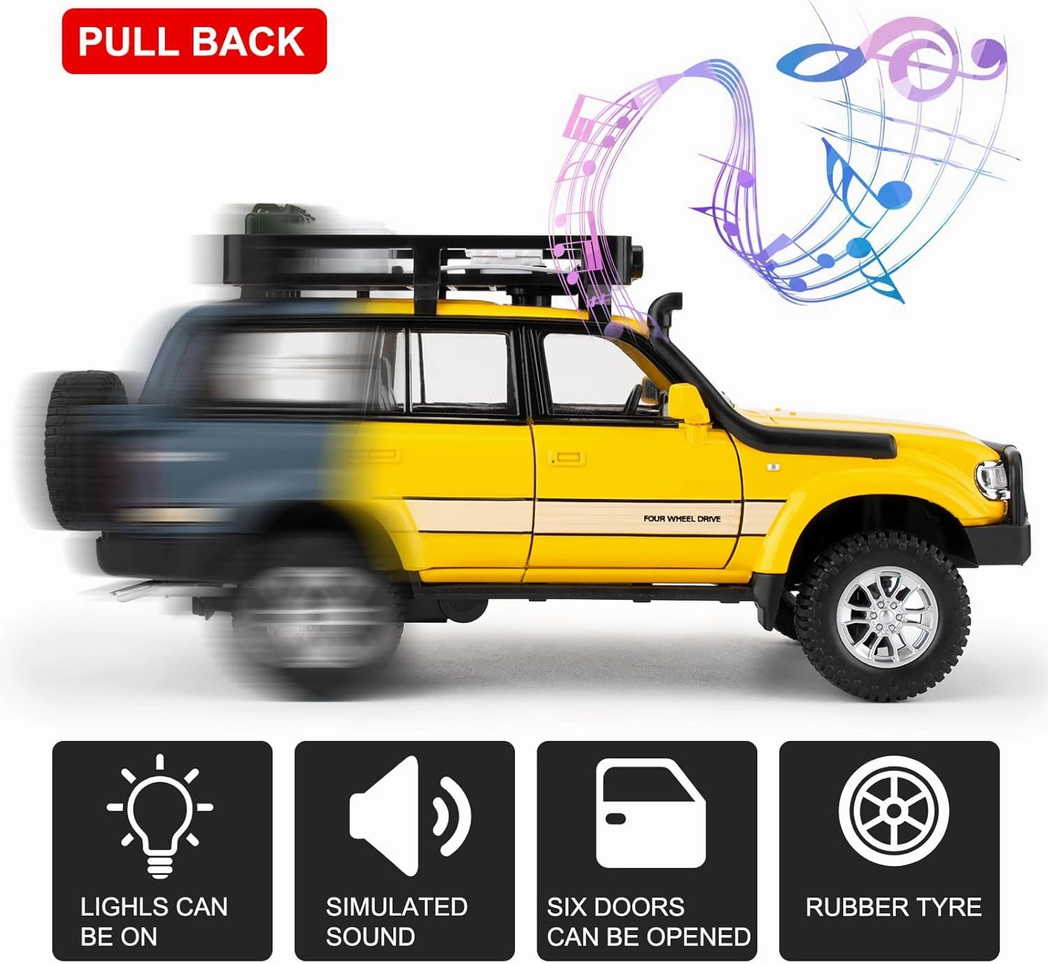 Toy Car Compatible for 1:24 Land Cruiser LC80 Model Car, Pull Back Diecast Collectible Car with Sounds＆Lights for Kids Boys Girls and Adults, Gift Yellow