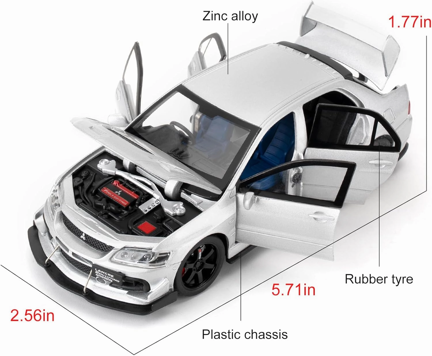 Toy Car Compatible for 1:32 Mitsubishi Lancer Evolution Model Car, Pull Back Diecast Collectible Car with Sounds ＆ Lights for Kids Boys Girls and Adults, Gift Silver