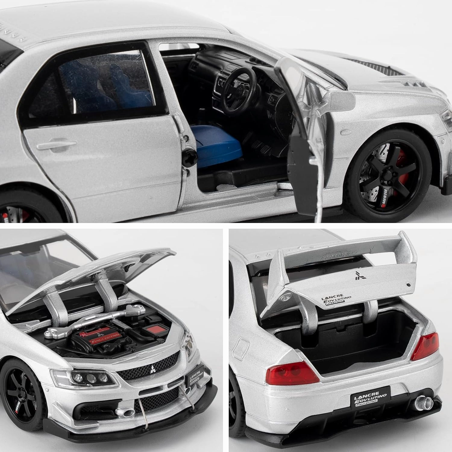 Toy Car Compatible for 1:32 Mitsubishi Lancer Evolution Model Car, Pull Back Diecast Collectible Car with Sounds ＆ Lights for Kids Boys Girls and Adults, Gift Silver