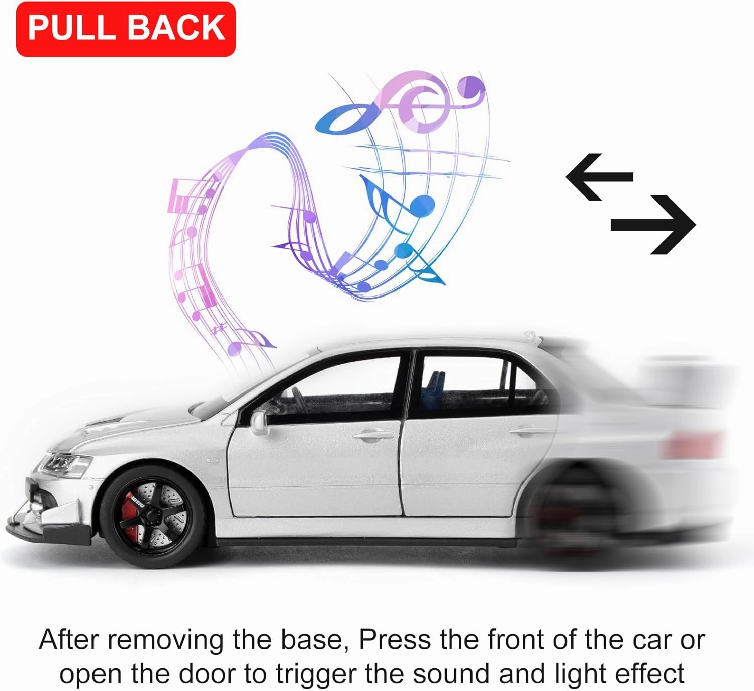 Toy Car Compatible for 1:32 Mitsubishi Lancer Evolution Model Car, Pull Back Diecast Collectible Car with Sounds ＆ Lights for Kids Boys Girls and Adults, Gift Silver