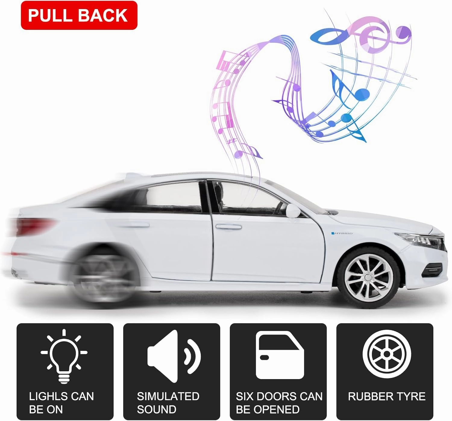 Toy Cars Compatible for 1:24 Accord Model Cars, Pull Back Die-cast Vehicles with Sounds＆Lights for Kids Boys Girls and Adults, Gift White