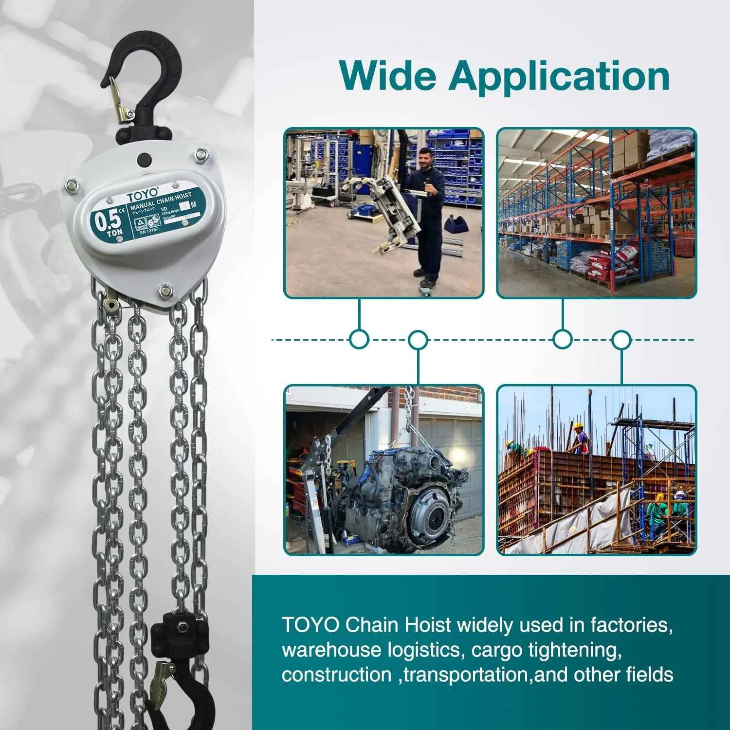 TOYO Chain Hoist 1100Lb,10ft Manual Chain Block Hoist 0.5ton Chain Fall 3M Come Along Hand Chain Hoist 2 Heavy Duty Hooks Industrial Grade Steel for Warehouse Automotive Construction Building