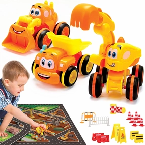 Toys for 3 Year Olds – 3 Friction Powered Trucks with Playmat & 16 Accessories – Push & Go Cartoon Construction Vehicle Set for Toddlers