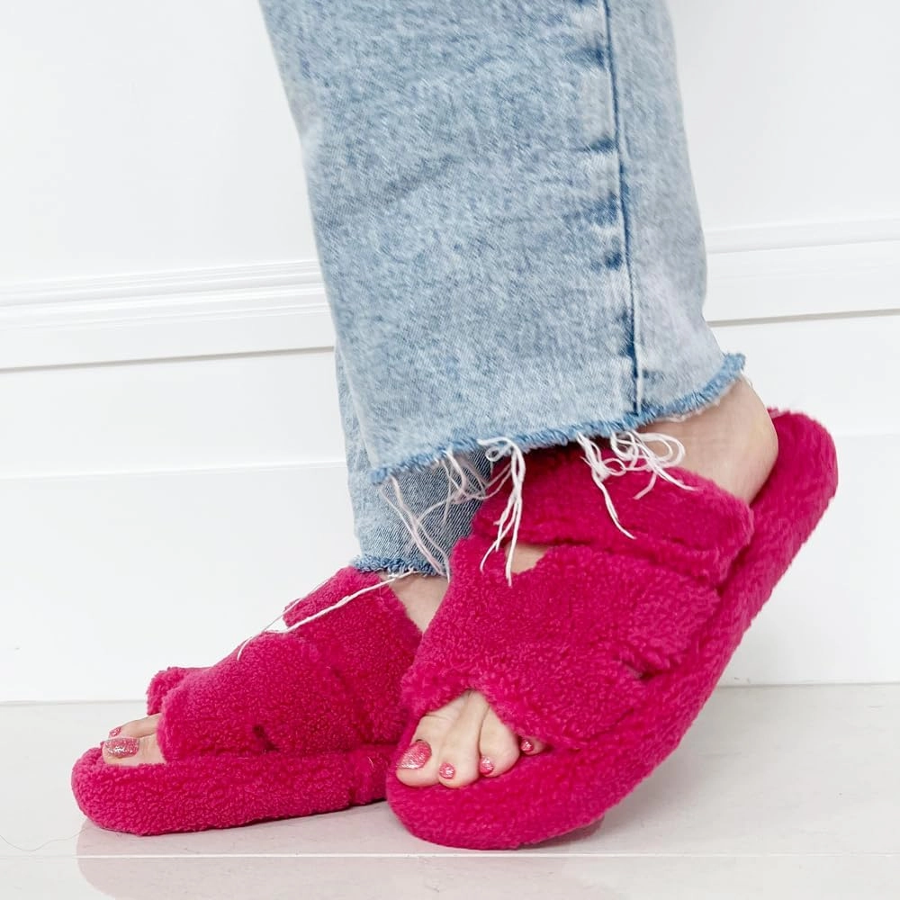 TRENDSUP Open Toe Slippers for Women, Adjustable, Memory Foam, Fuzzy Fur Lining, Non Slip Sole