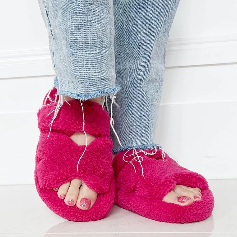 TRENDSUP Open Toe Slippers for Women, Adjustable, Memory Foam, Fuzzy Fur Lining, Non Slip Sole
