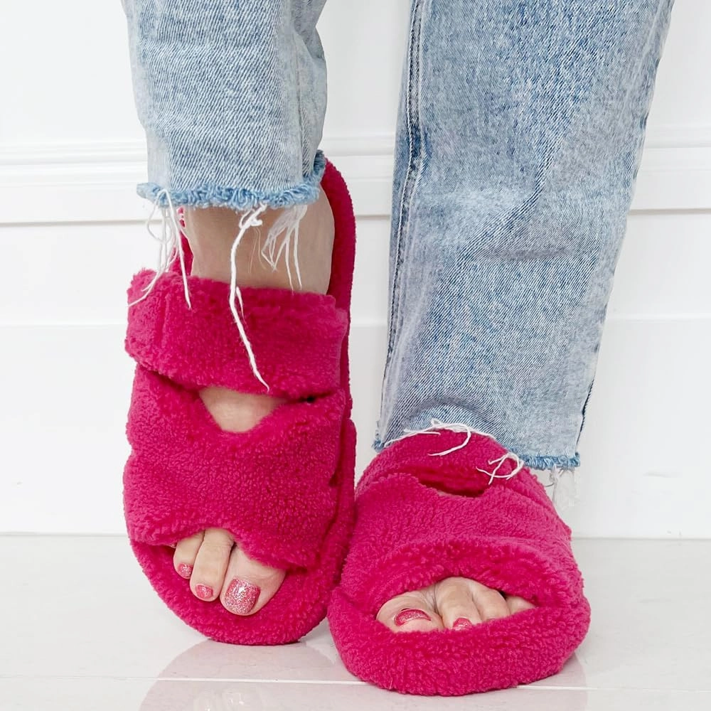 TRENDSUP Open Toe Slippers for Women, Adjustable, Memory Foam, Fuzzy Fur Lining, Non Slip Sole