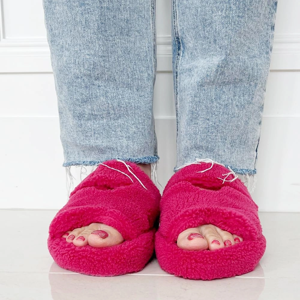 TRENDSUP Open Toe Slippers for Women, Adjustable, Memory Foam, Fuzzy Fur Lining, Non Slip Sole