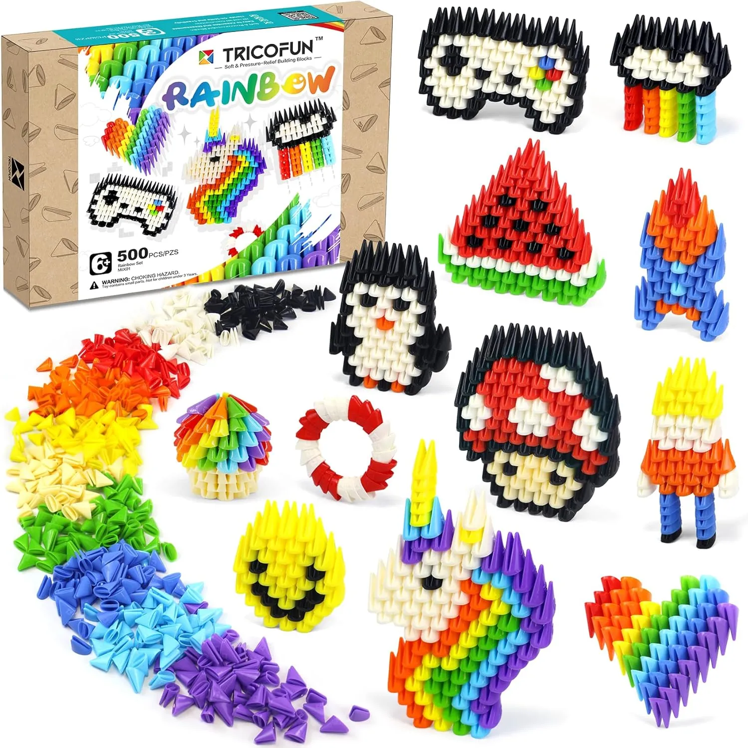 Tricofun Classic 500 Pieces Soft Building Blocks for Kids - Rainbow Mix Set - STEM Toys Educational Building Toys kit - Silicone Rubber for Preschool Kids Boys and Girls Aged 6  Gift(MIX01)