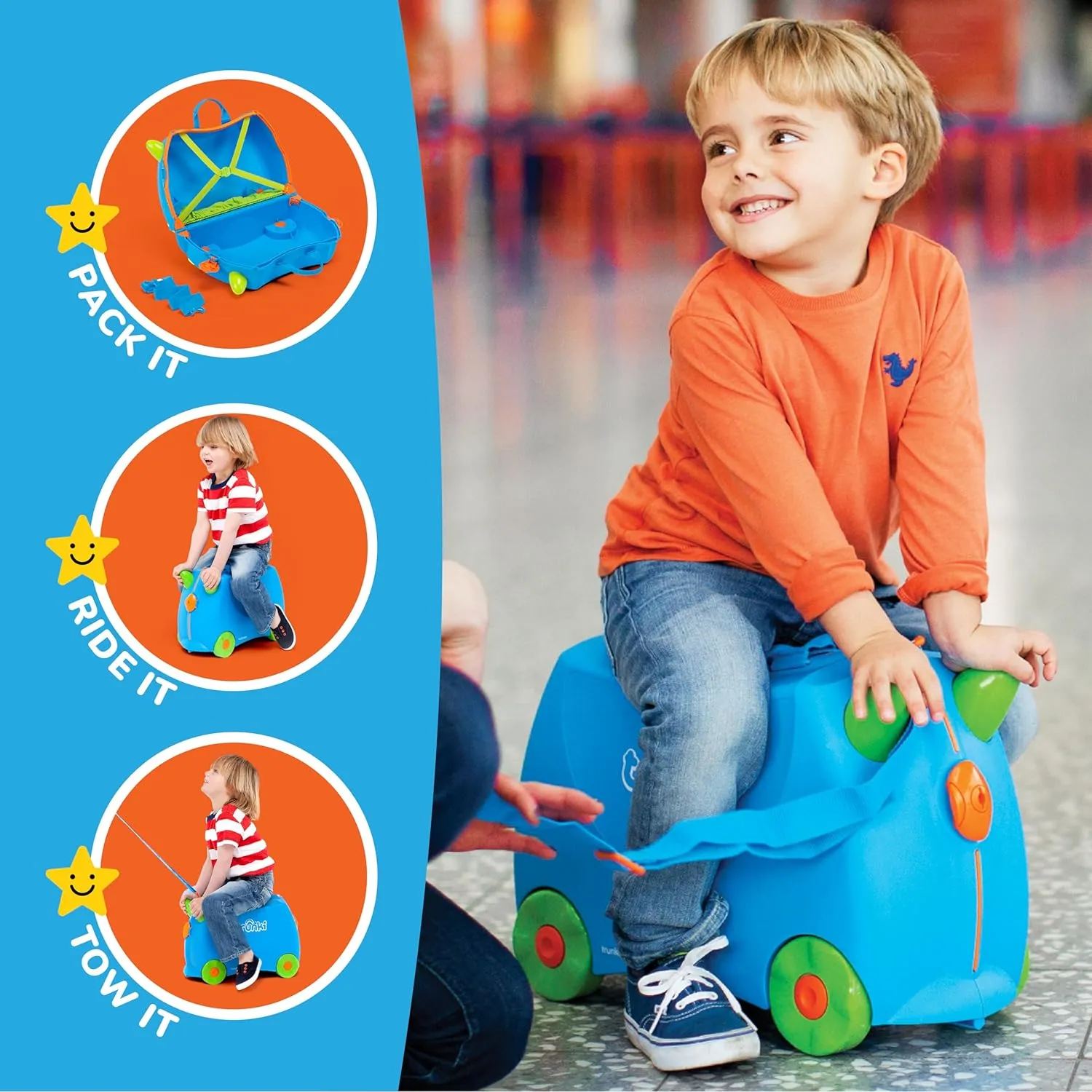 Trunki Ride-On Kids Suitcase | Tow-Along Toddler Luggage | Carry-On Cute Bag with Wheels | Kids Luggage and Airplane Travel Essentials: Terrance Boy Blue