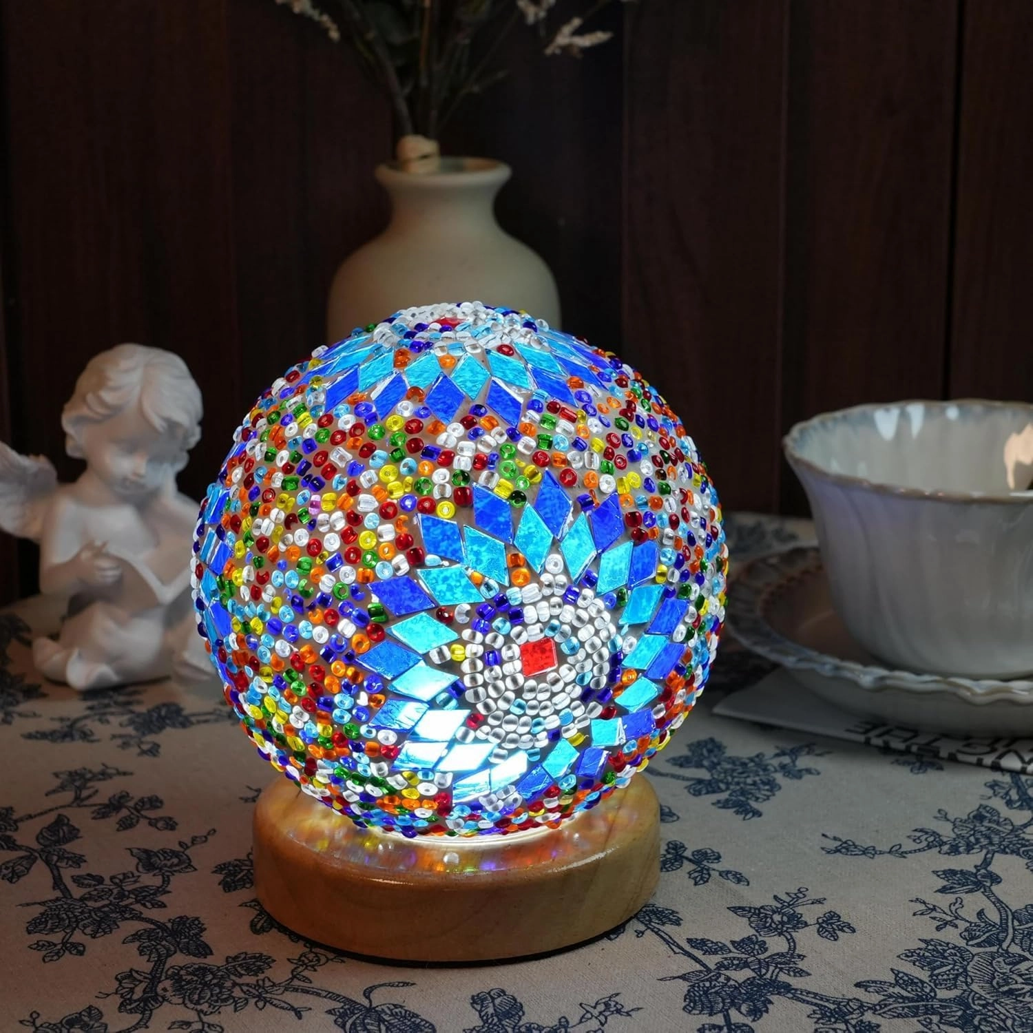 Turkish Table lamp (D:4.7" x H:5.2"),Mosaic Glass Lamps with Wooden Base, Bohemian Tiffany Bedside Lamps, USB Power Moroccan Lantern for Living Room Decorations (Boho - Blue, Boho)
