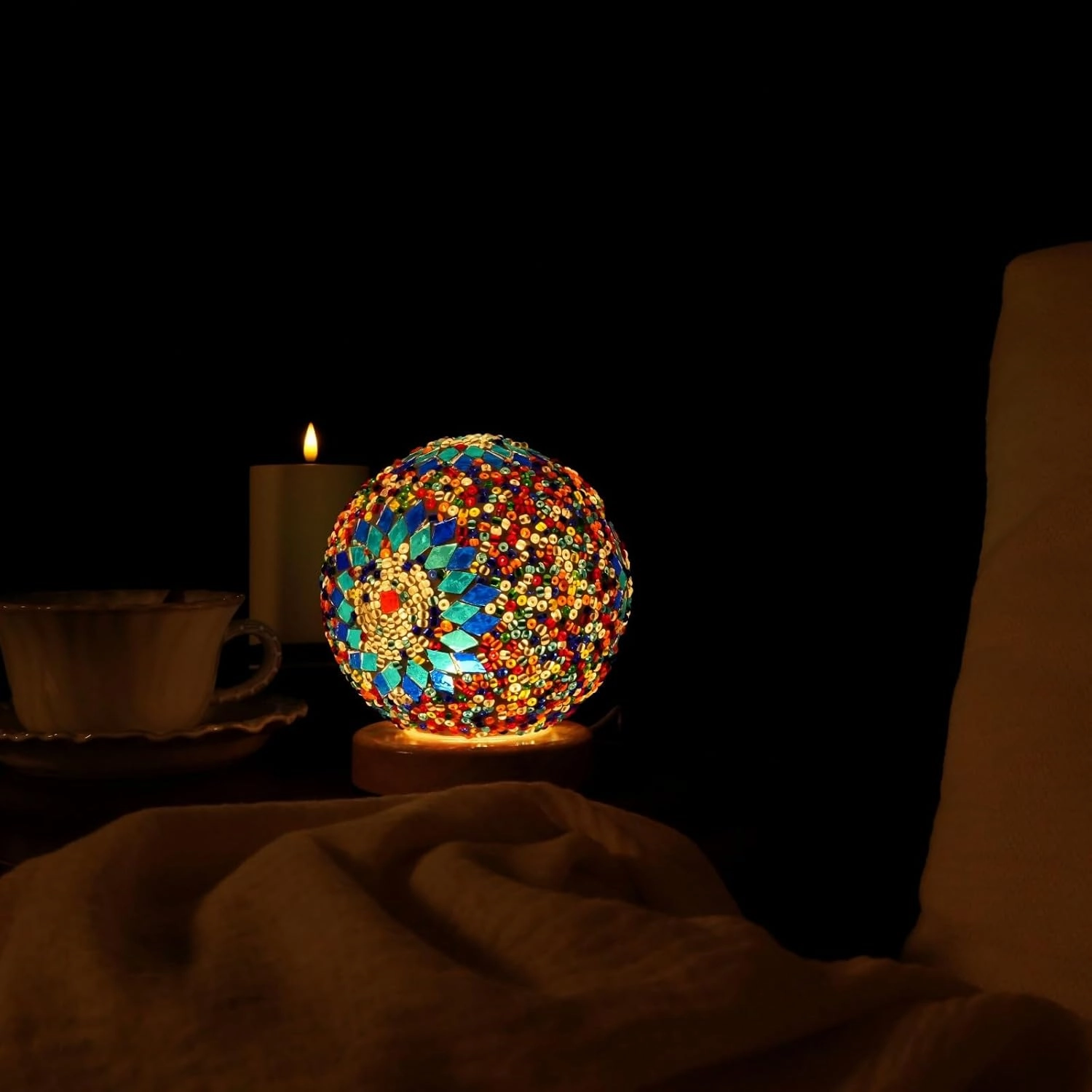 Turkish Table lamp (D:4.7" x H:5.2"),Mosaic Glass Lamps with Wooden Base, Bohemian Tiffany Bedside Lamps, USB Power Moroccan Lantern for Living Room Decorations (Boho - Blue, Boho)