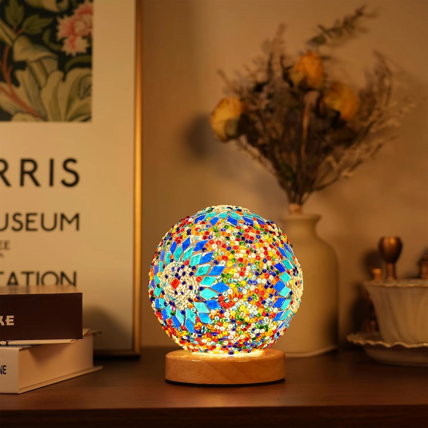 Turkish Table lamp (D:4.7" x H:5.2"),Mosaic Glass Lamps with Wooden Base, Bohemian Tiffany Bedside Lamps, USB Power Moroccan Lantern for Living Room Decorations (Boho - Blue, Boho)
