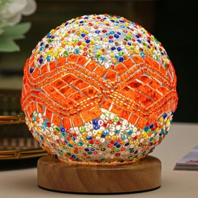 Turkish Table lamp (D:4.7" x H:5.2"),Mosaic Glass Lamps with Wooden Base, Bohemian Tiffany Bedside Lamps, USB power Moroccan Lantern for Living Room Halloween Decorations (Baroque - Orange, Baroque)