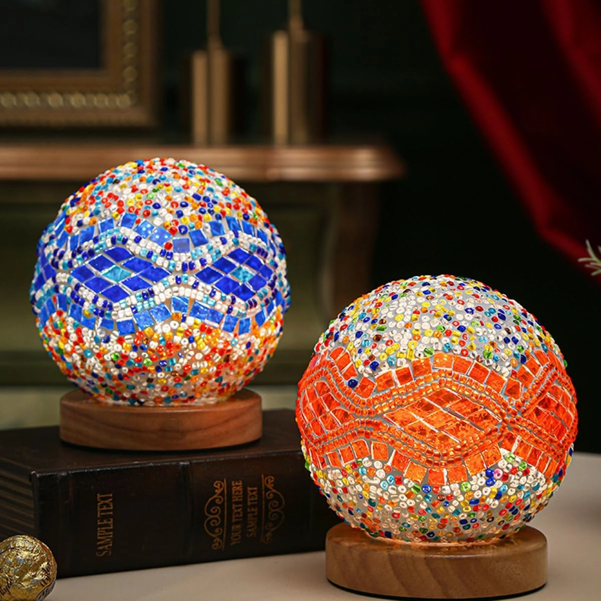 Turkish Table lamp (D:4.7" x H:5.2"),Mosaic Glass Lamps with Wooden Base, Bohemian Tiffany Bedside Lamps, USB power Moroccan Lantern for Living Room Halloween Decorations (Baroque - Orange, Baroque)