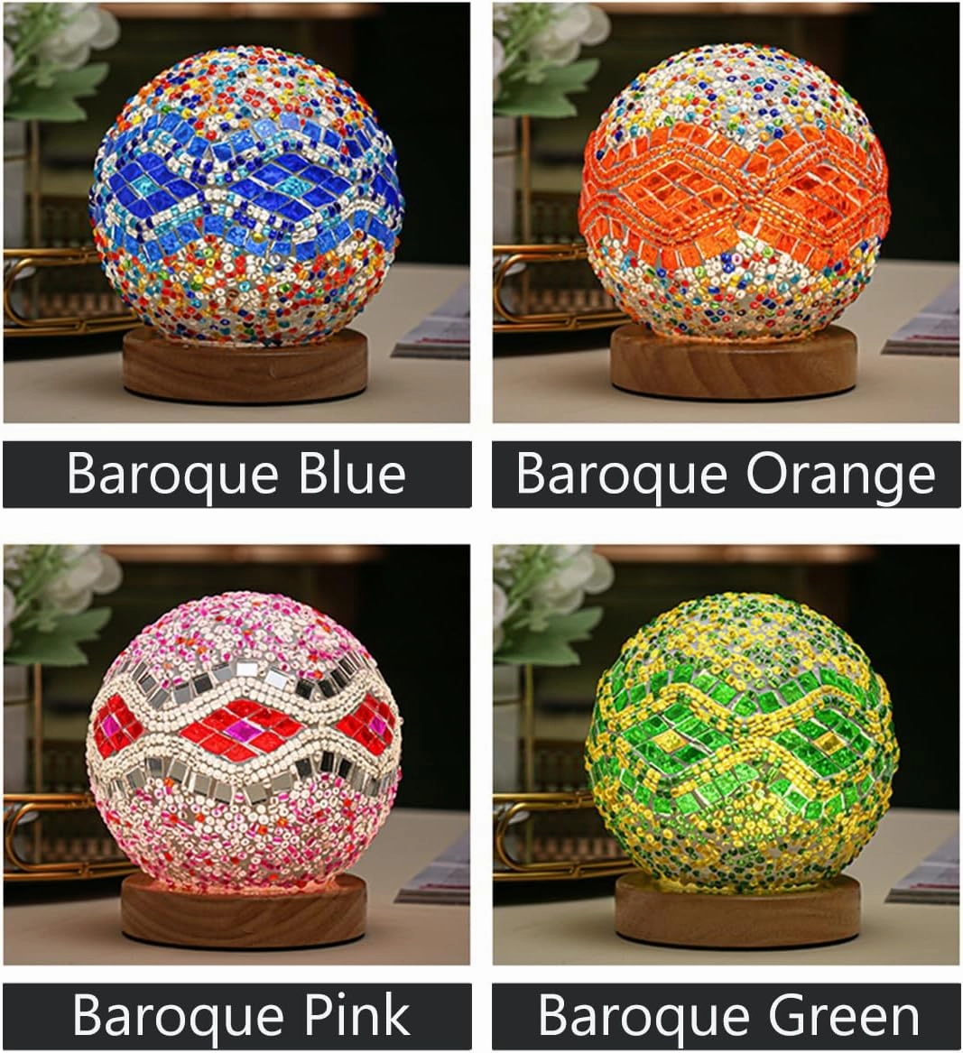 Turkish Table lamp (D:4.7" x H:5.2"),Mosaic Glass Lamps with Wooden Base, Bohemian Tiffany Bedside Lamps, USB power Moroccan Lantern for Living Room Halloween Decorations (Baroque - Orange, Baroque)