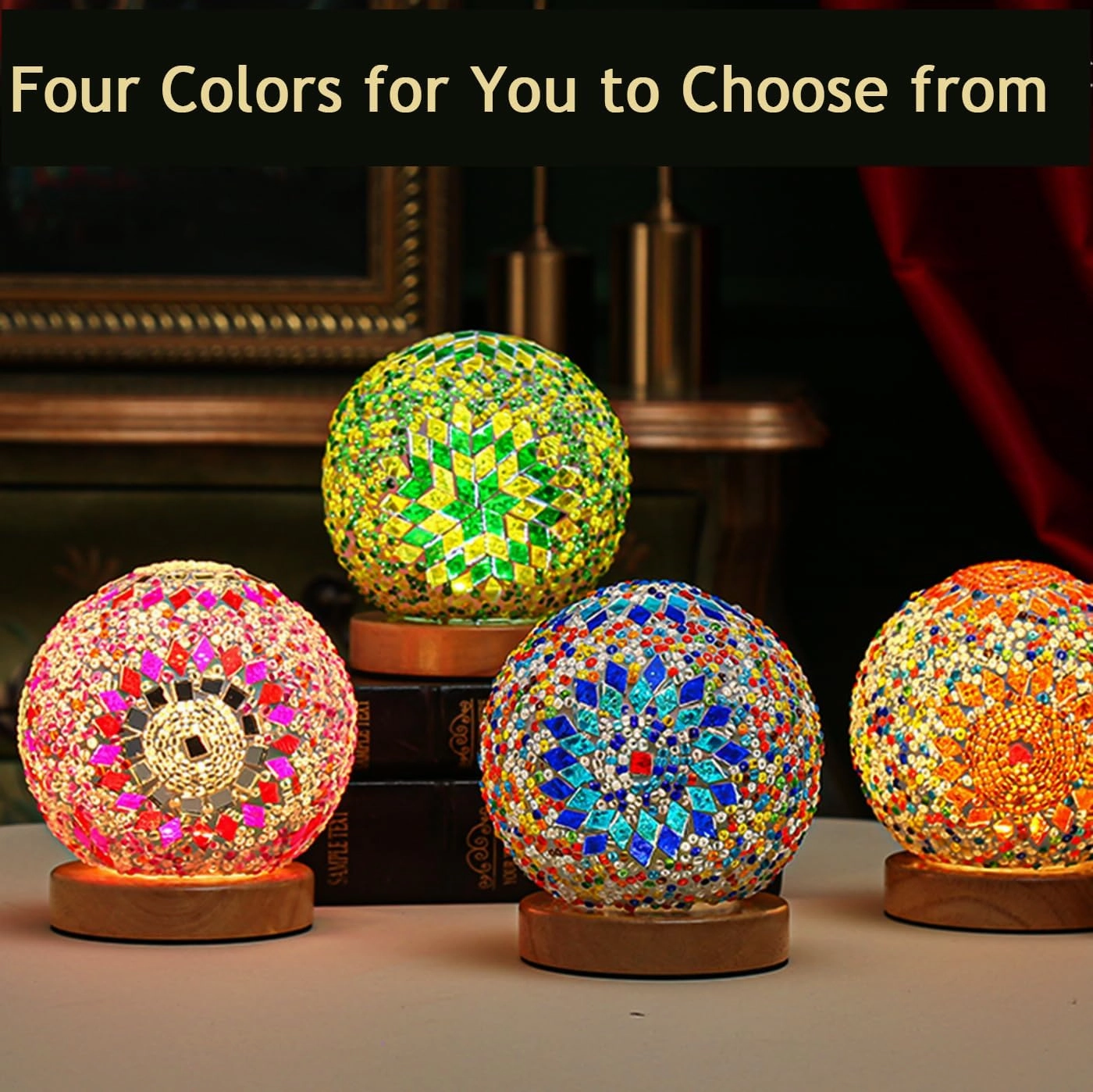 Turkish Table lamp (D:4.7" x H:5.2"),Mosaic Glass Lamps with Wooden Base, Bohemian Tiffany Bedside Lamps, USB power Moroccan Lantern for Living Room Halloween Decorations (Boho - Green, Boho)