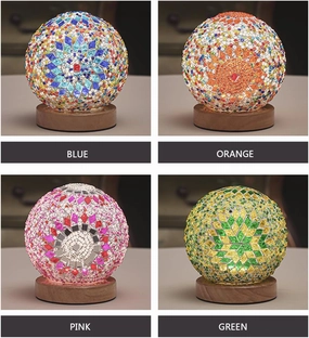 Turkish Table lamp (D:4.7" x H:5.2"),Mosaic Glass Lamps with Wooden Base, Bohemian Tiffany Bedside Lamps, USB power Moroccan Lantern for Living Room Halloween Decorations (Boho - Green, Boho)