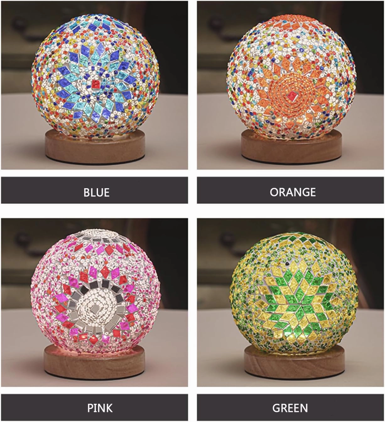 Turkish Table lamp (D:4.7" x H:5.2"),Mosaic Glass Lamps with Wooden Base, Bohemian Tiffany Bedside Lamps, USB power Moroccan Lantern for Living Room Halloween Decorations (Boho - Green, Boho)