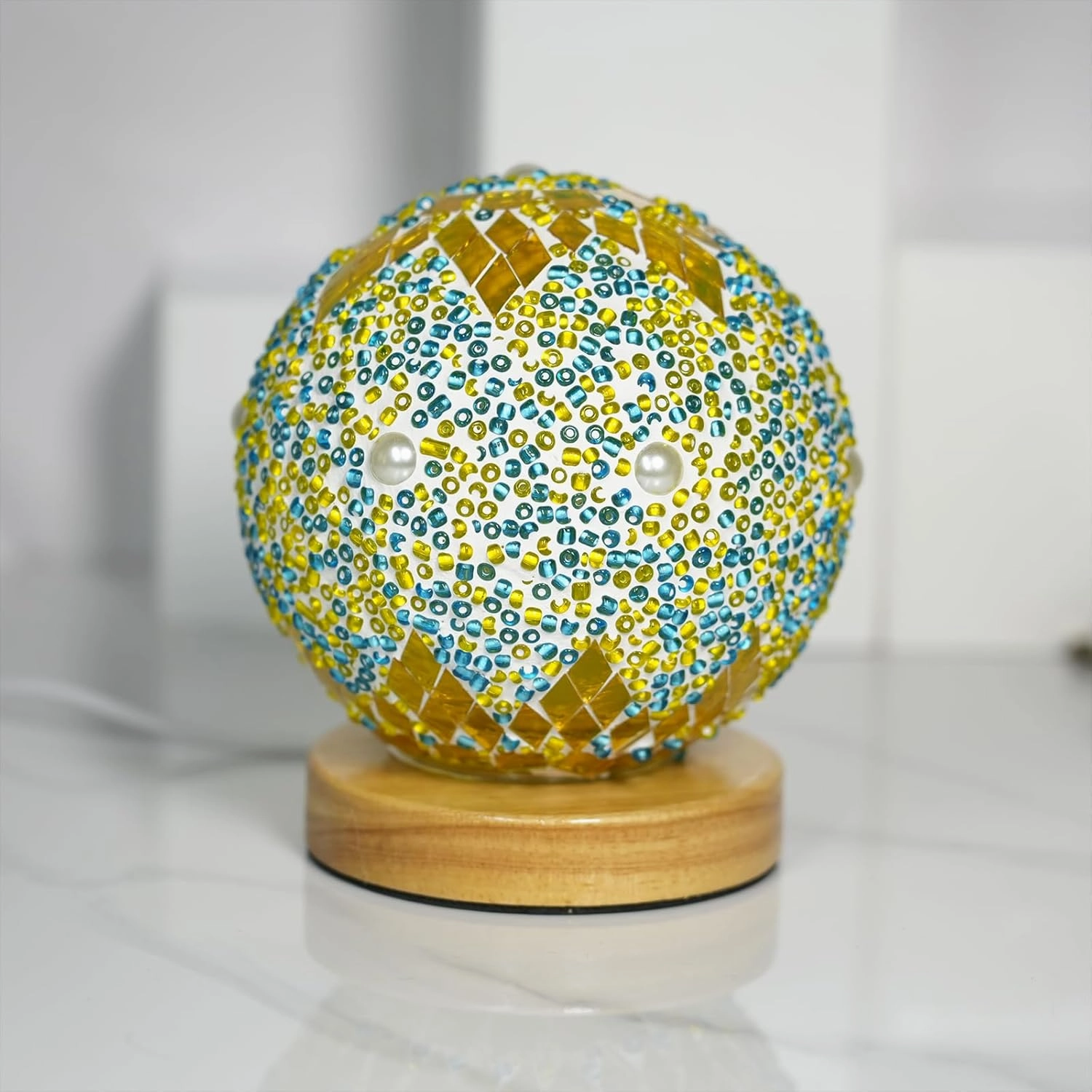 Turkish Table lamp (D:4.7" x H:5.2"),Mosaic Glass Lamps with Wooden Base, Bohemian Tiffany Bedside Lamps, USB power Moroccan Lantern for Living Room Halloween Decorations (Morocco - Green, Morocco)