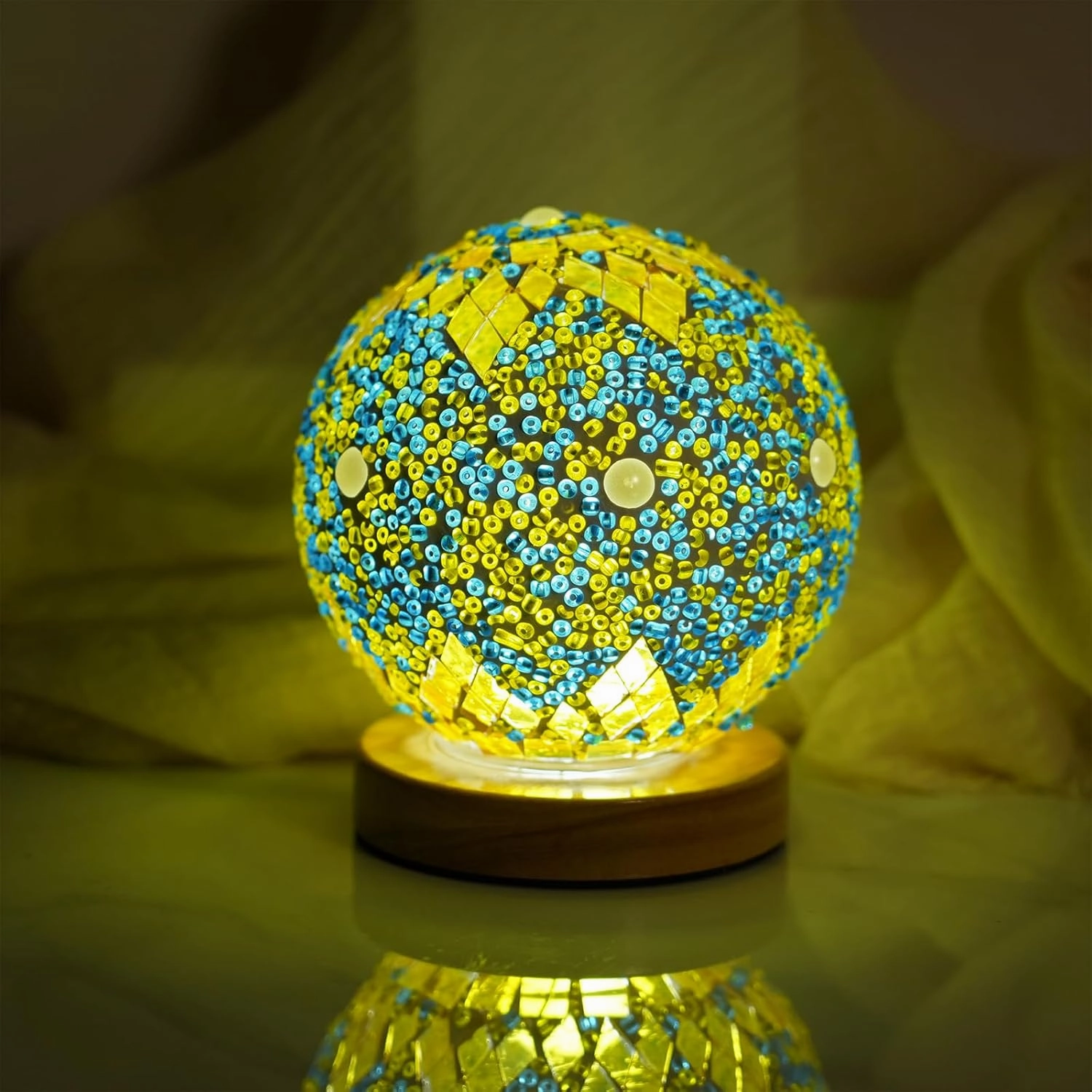 Turkish Table lamp (D:4.7" x H:5.2"),Mosaic Glass Lamps with Wooden Base, Bohemian Tiffany Bedside Lamps, USB power Moroccan Lantern for Living Room Halloween Decorations (Morocco - Green, Morocco)