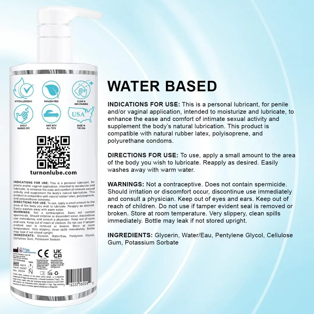 Turn On Water-Based Premium Personal Lubricant | Long Lasting, Ph Balanced, Hypoallergenic, Condom Safe Lube for Men, Women, and Couples, 32 fl oz