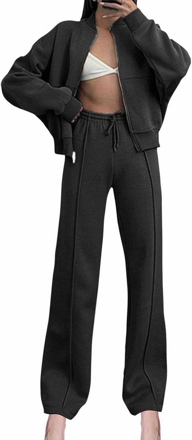 Two Piece Sets for Women Going Out Solid Zipper Sweatsuits Casual Straight Leg Pants Set 2 Piece Travel Outfits