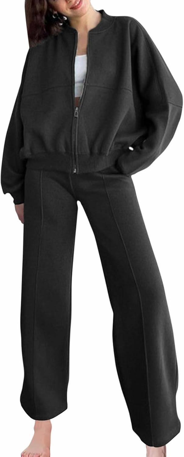 Two Piece Sets for Women Going Out Solid Zipper Sweatsuits Casual Straight Leg Pants Set 2 Piece Travel Outfits