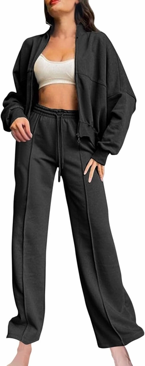 Two Piece Sets for Women Going Out Solid Zipper Sweatsuits Casual Straight Leg Pants Set 2 Piece Travel Outfits