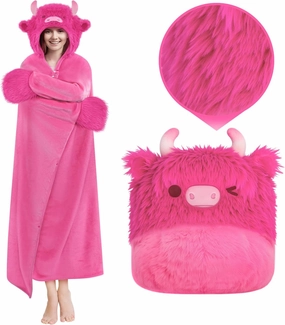 Ultimate Softness Highland Cow Wearable Blanket Hoodie –Expertly Designed for American Body,Full Coverage with Easy Movement, Oversized Cozy Flannel Blanket, Hot Pink Highland Cow Gift for Women