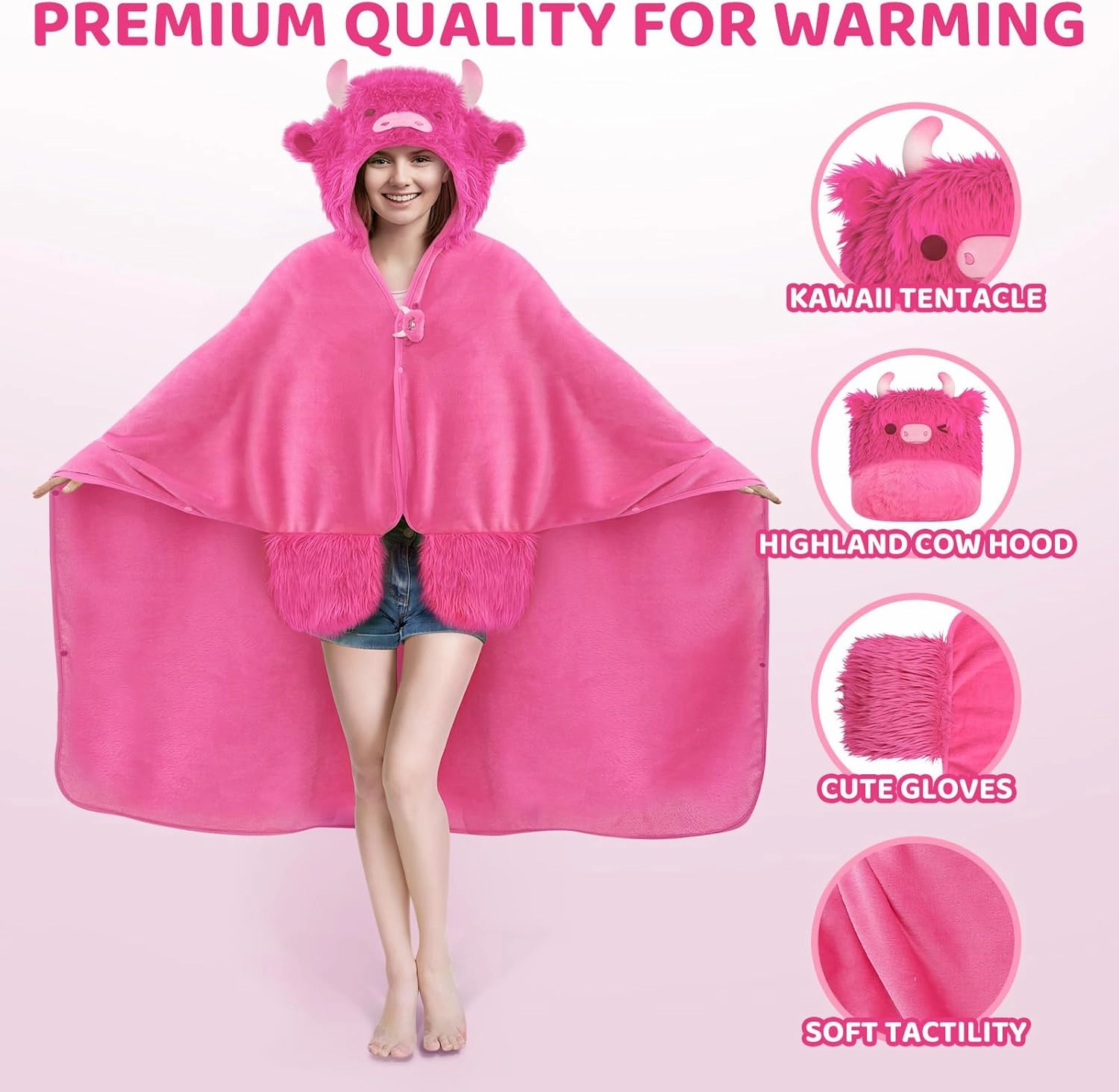 Ultimate Softness Highland Cow Wearable Blanket Hoodie –Expertly Designed for American Body,Full Coverage with Easy Movement, Oversized Cozy Flannel Blanket, Hot Pink Highland Cow Gift for Women