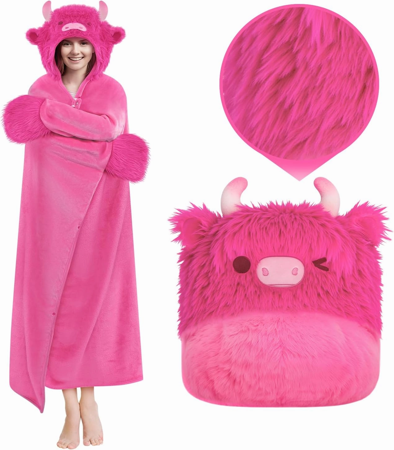 Ultimate Softness Highland Cow Wearable Blanket Hoodie –Expertly Designed for American Body,Full Coverage with Easy Movement, Oversized Cozy Flannel Blanket, Hot Pink Highland Cow Gift for Women