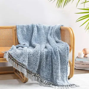 Ultra Soft Cozy Sherpa Throw Blanket, Light Weight Warm Decorative Throw Blanket with Tassel, 2 Tones Ombre Navy Blue Pattern Reversible Boho Style Blanket for Sofa, Couch, Bedroom,Travel, 60”x80”