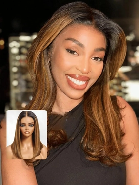 UNICE Bye Bye Knots Glueless 7x5 HD Lace Front Wigs Human Hair Pre Plucked Pre Cut Bleached Knots Dark Roots Brown Blonde Highlight Blunt Bob Wigs Natural Looking 150% Density 12 inch