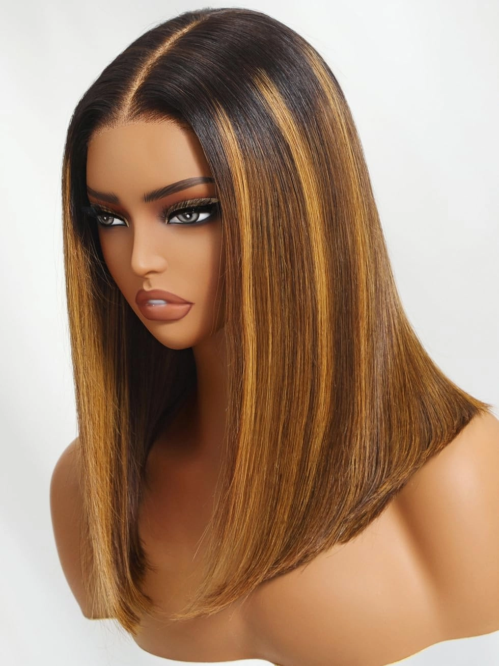 UNICE Bye Bye Knots Glueless 7x5 HD Lace Front Wigs Human Hair Pre Plucked Pre Cut Bleached Knots Dark Roots Brown Blonde Highlight Blunt Bob Wigs Natural Looking 150% Density 12 inch