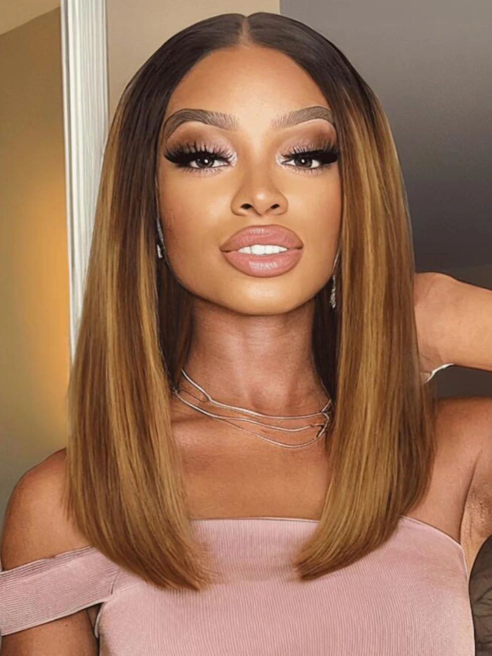 UNICE Bye Bye Knots Glueless 7x5 HD Lace Front Wigs Human Hair Pre Plucked Pre Cut Bleached Knots Dark Roots Brown Blonde Highlight Blunt Bob Wigs Natural Looking 150% Density 12 inch